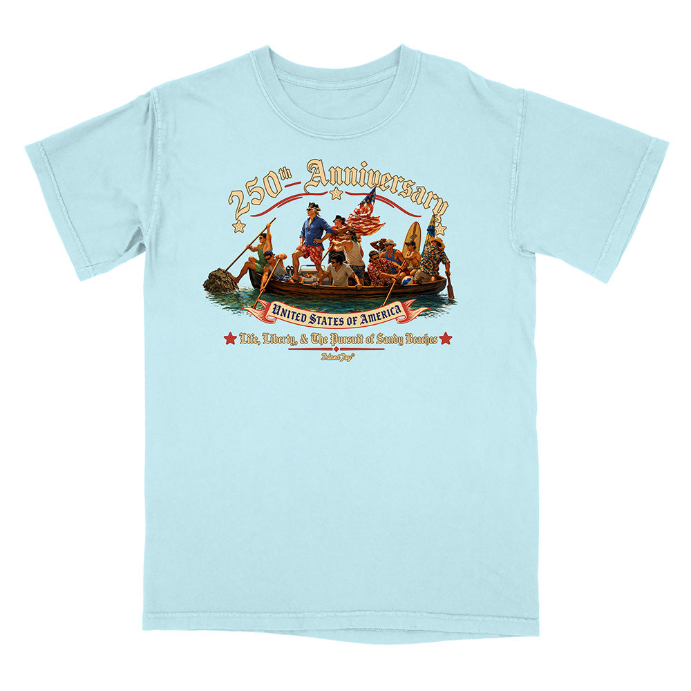 Light blue t-shirt with a graphic design on a white background