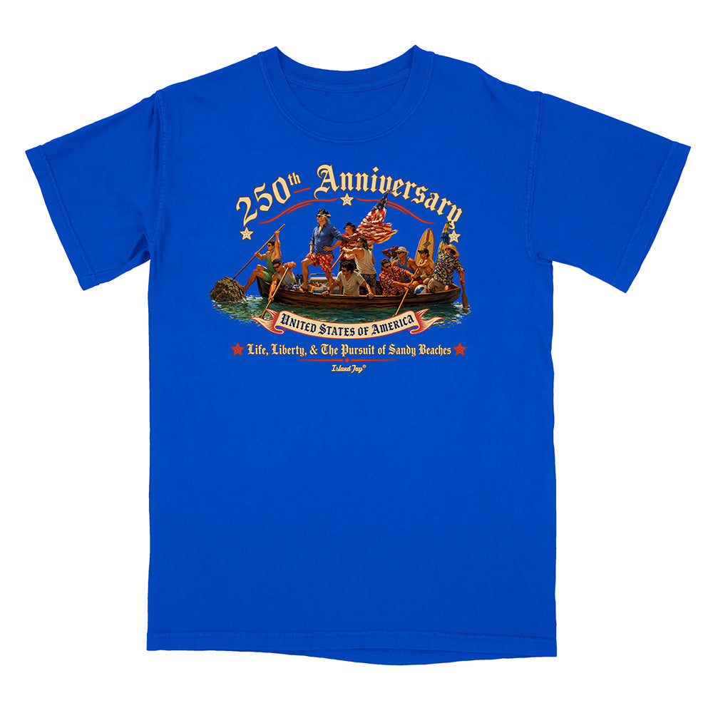 US 250th Anniversary beach landing design on blue