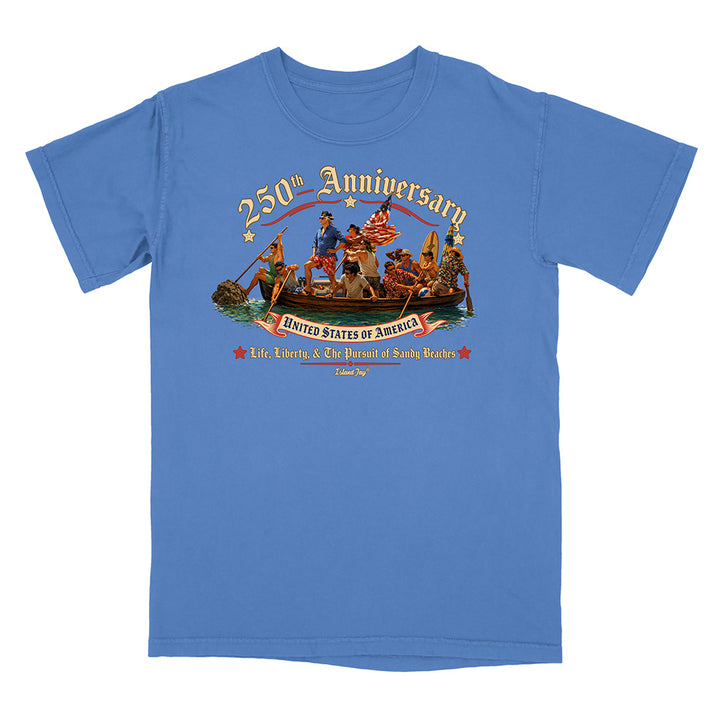 US 250th Anniversary beach landing design on blue