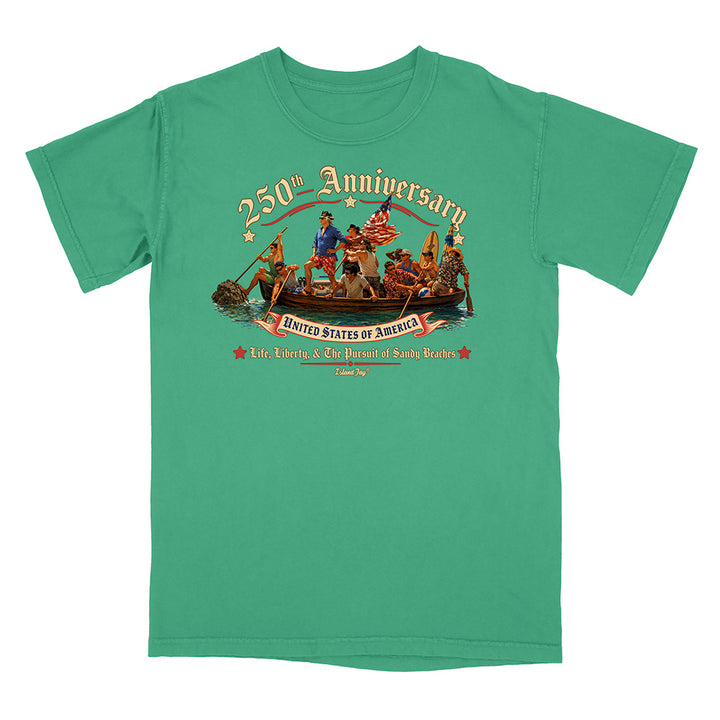 Green t-shirt with a graphic design of a boat and people on a white background