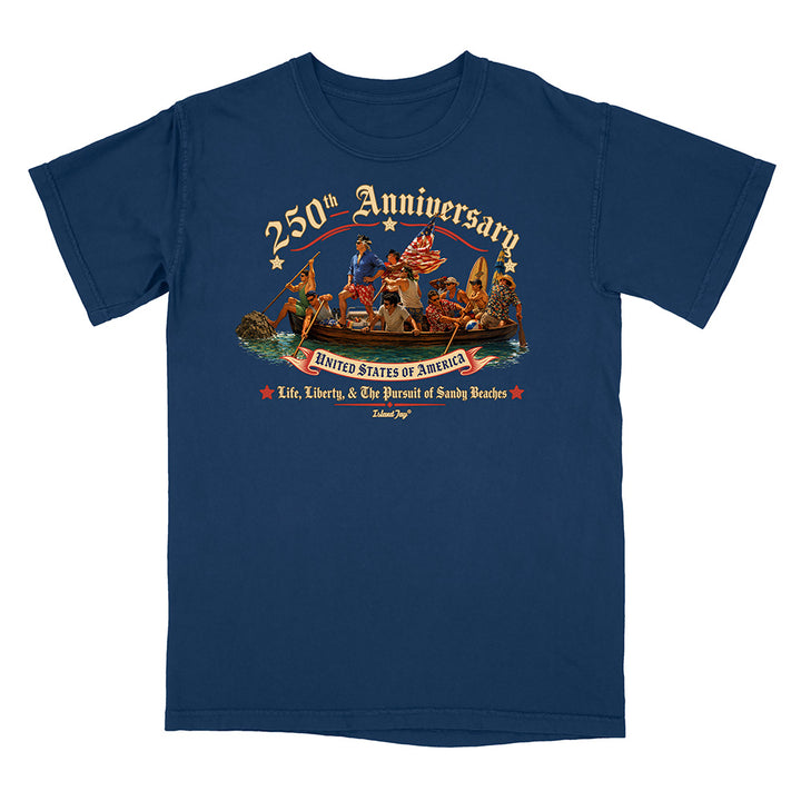 US 250th Anniversary beach landing design on blue