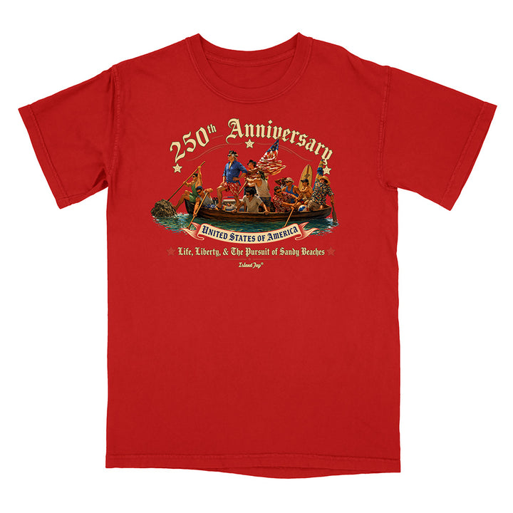 Red t-shirt with a graphic design celebrating the 250th anniversary of the United States of America on a white background.