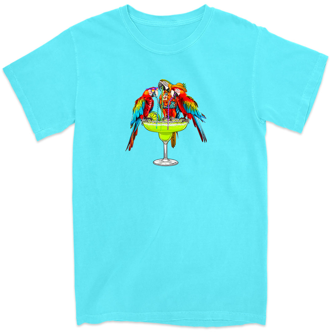 Margarita Parrot Party T-Shirt. It's always a party with these 3 birds, Mango, Salsa, and Tiki. Lagoon Blue