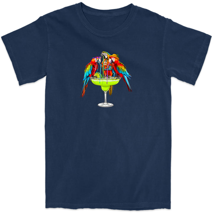 Margarita Parrot Party T-Shirt. It's always a party with these 3 birds, Mango, Salsa, and Tiki. navy Color