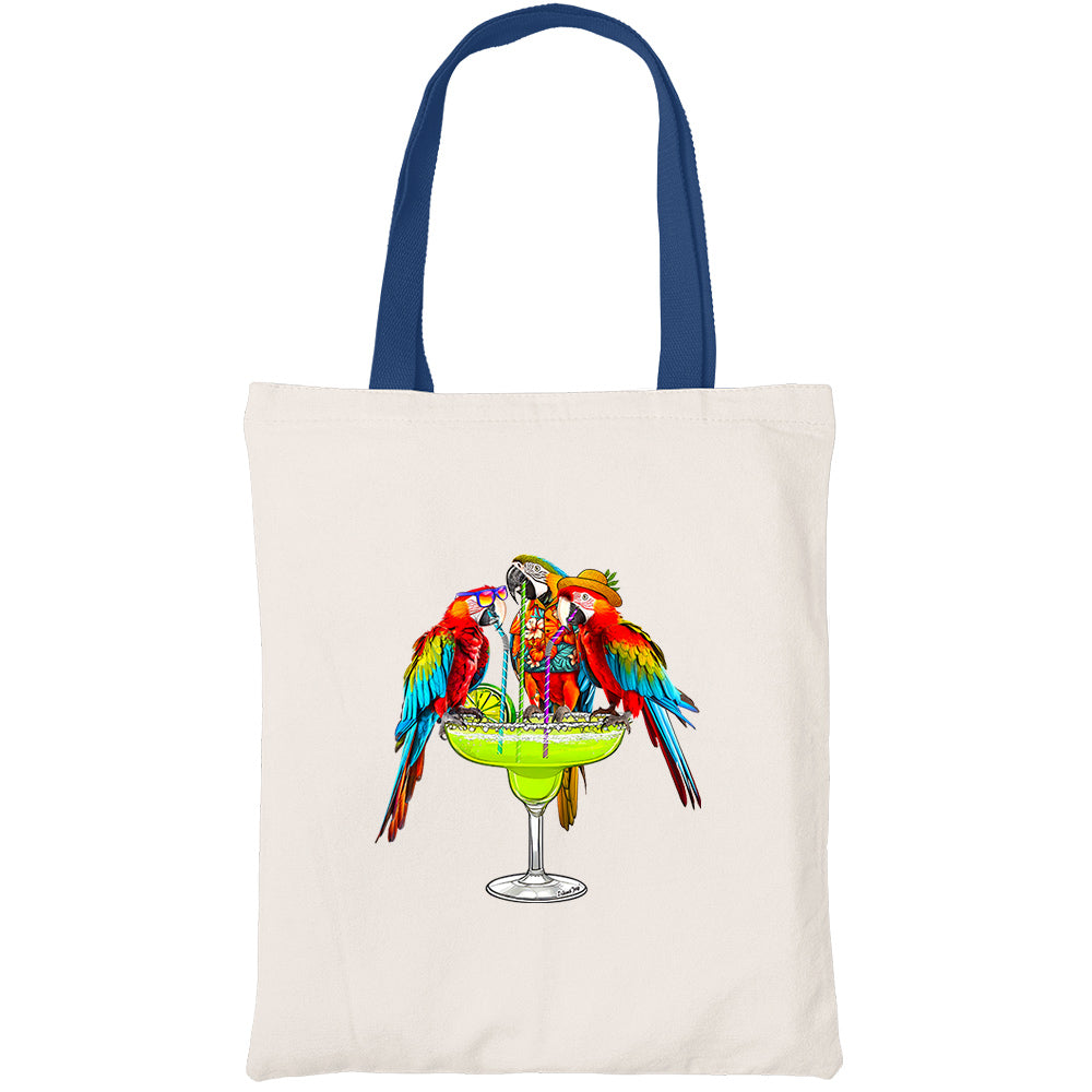 Margarita Parrot Party Canvas Beach Tote Bag. Showing 3 parrot friends enjoying their time together drinking a margarita. 