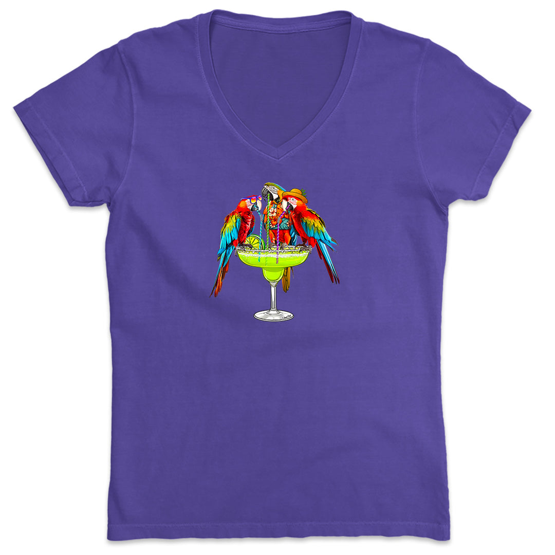 Margarita Parrot Party T-Shirt. It's always a party with these 3 birds, Mango, Salsa, and Tiki. Women's Purple V-Neck