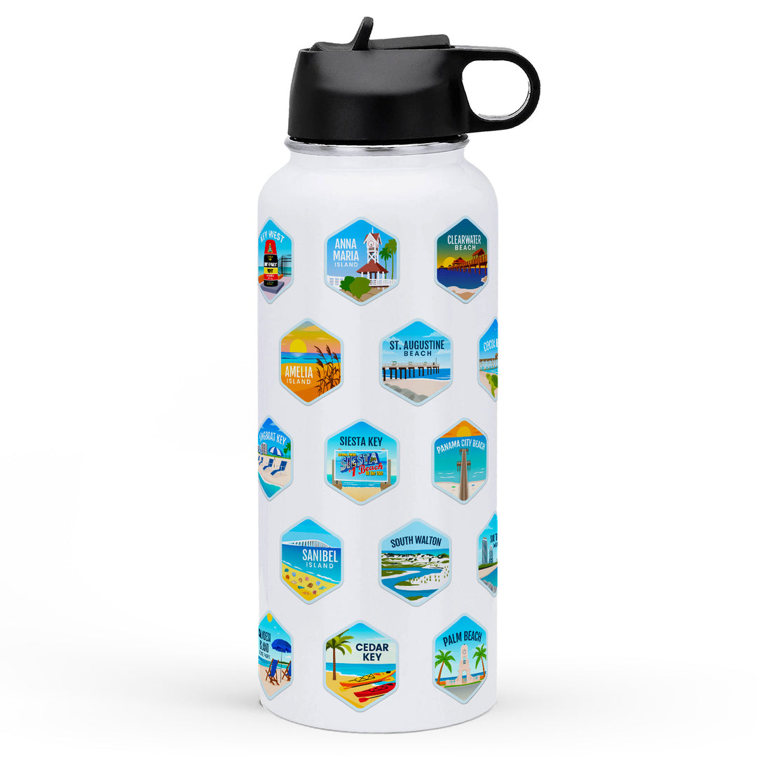 Florida Beach Towns Water Bottle with stickers. Showing Anna Maria Island, Key West, Siesta Key, Sanibel Island, Panama City Beach and Cedar Key