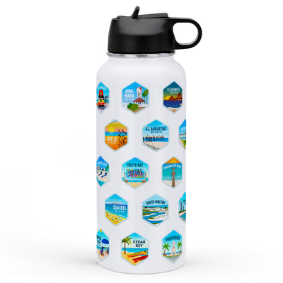 Florida Beach Towns Water Bottle with stickers. Showing Anna Maria Island, Key West, Siesta Key, Sanibel Island, Panama City Beach and Cedar Key