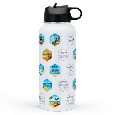 Florida Beach Towns Water Bottle with stickers. Showing Anna Maria Island, Key West, Siesta Key, Sanibel Island, Panama City Beach and Anna Maria Island