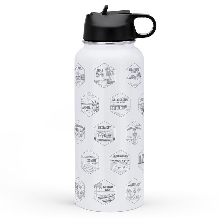 Florida Beach Towns Water Bottle with no stickers on it. Showing popular beach towns in Florida. Add your included stickers to the water bottle as you visit those locations.