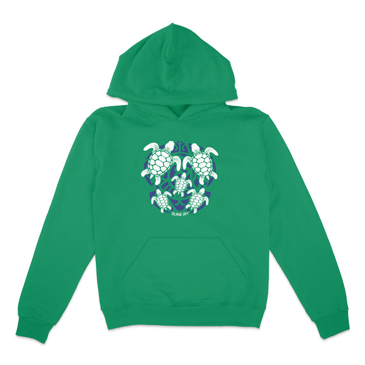 Green hoodie with a blue and white turtle graphic on a white background