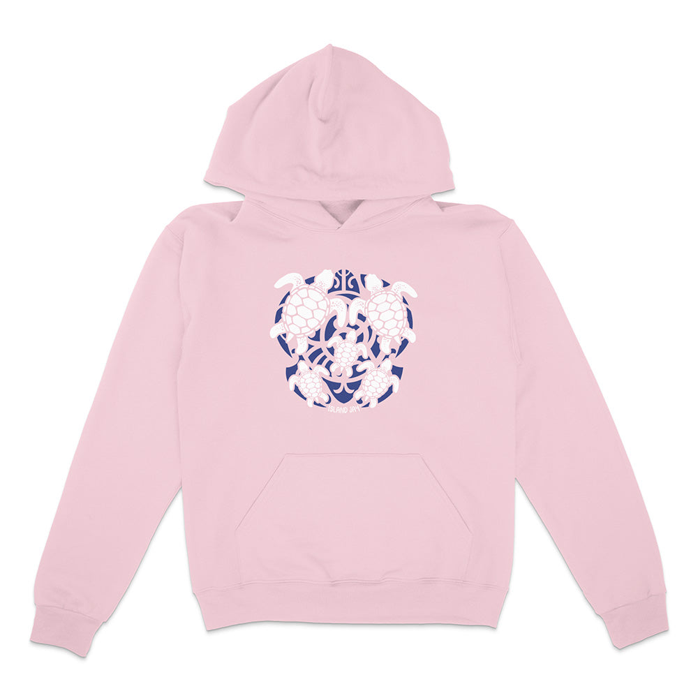 Pink hoodie with a blue and white turtle graphic on a white background