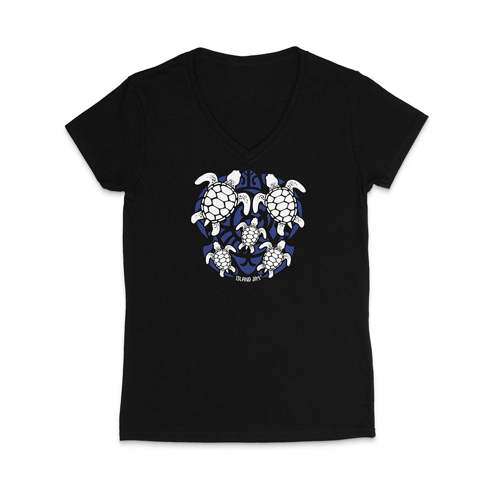 Black t-shirt with turtle design on a white background