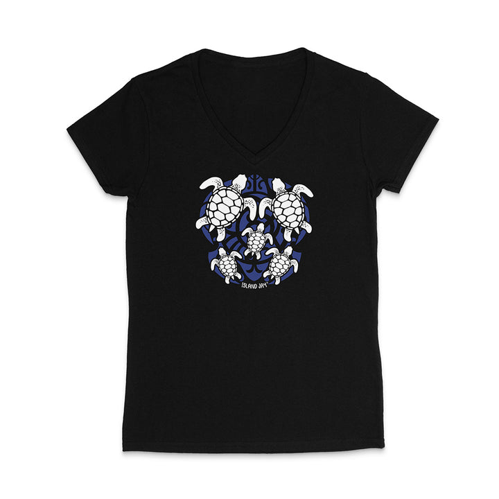 Black t-shirt with turtle design on a white background