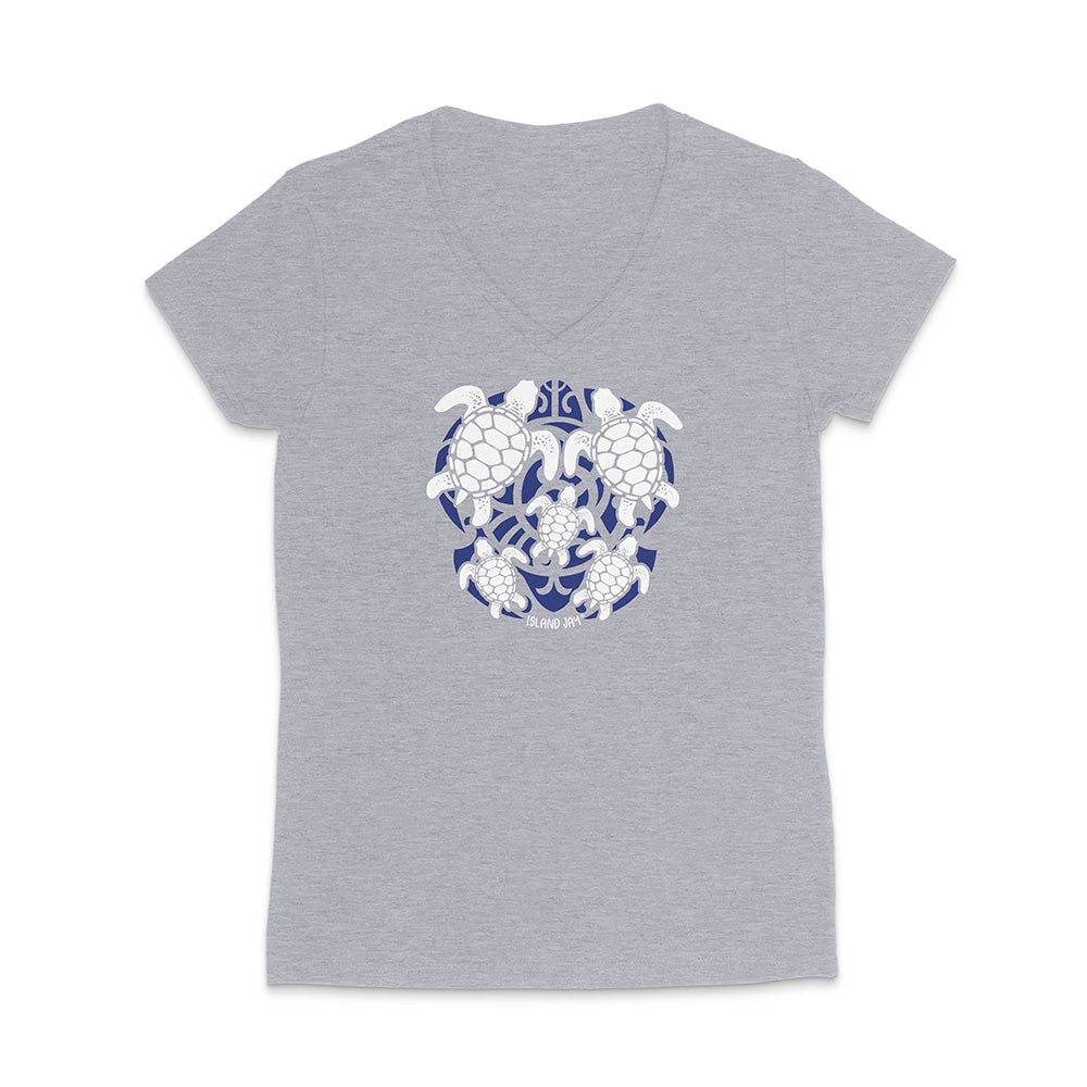 Gray t-shirt with a blue and white turtle design on a white background