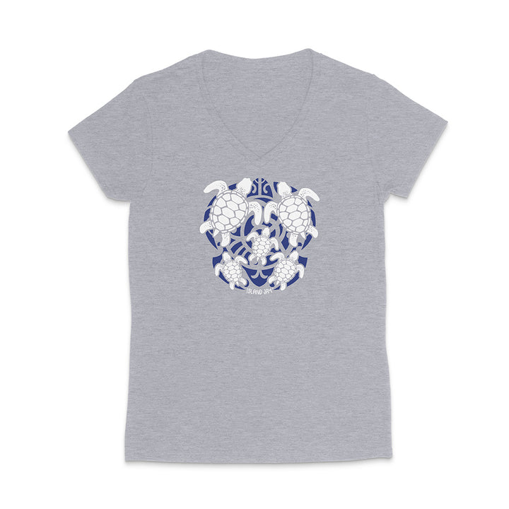 Gray t-shirt with a blue and white turtle design on a white background