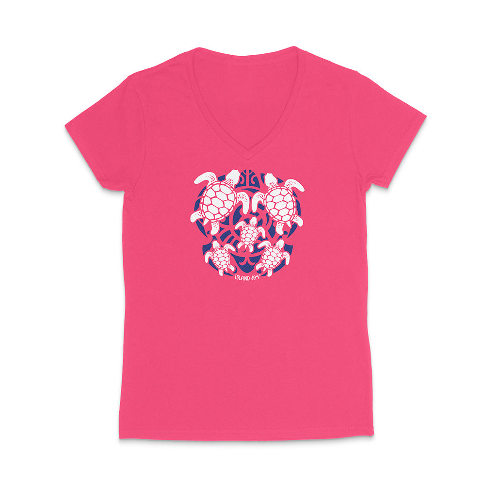 Pink t-shirt with turtle design on a white background