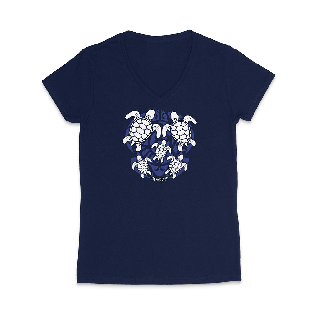 Navy blue t-shirt with white turtle design on a white background