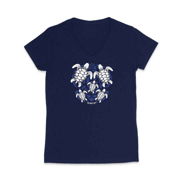Navy blue t-shirt with white turtle design on a white background