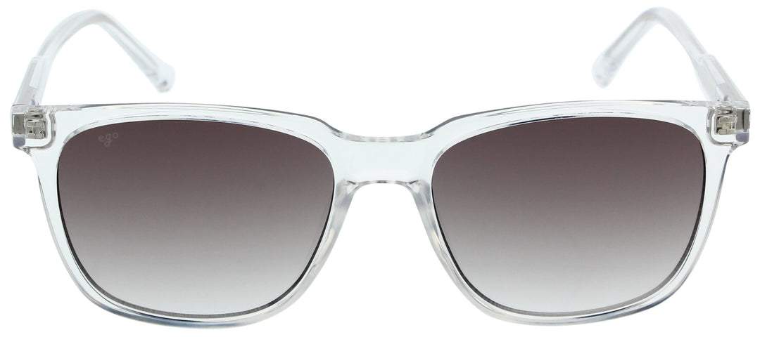 Clear frame sunglasses with gradient lenses on a white background