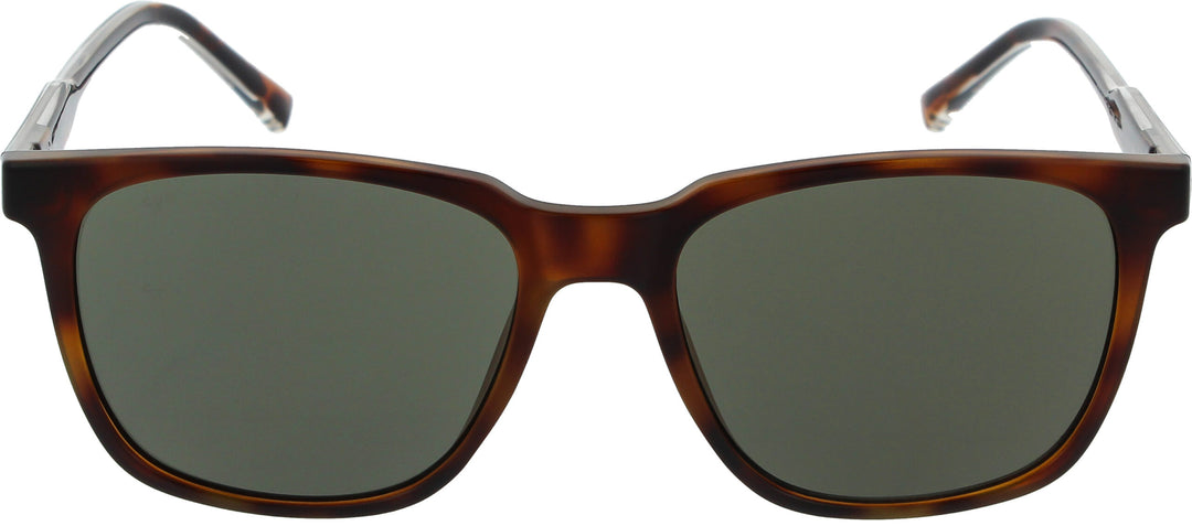 Sunglasses with tortoiseshell frame and dark lenses on a white background