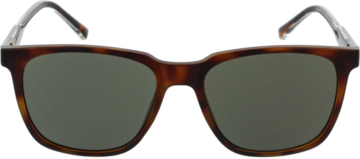 Sunglasses with tortoiseshell frame and dark lenses on a white background