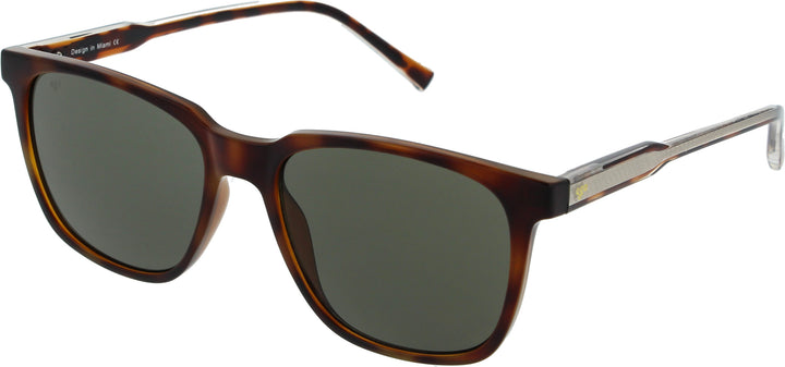 Sunglasses with tortoiseshell frame and dark lenses on a white background