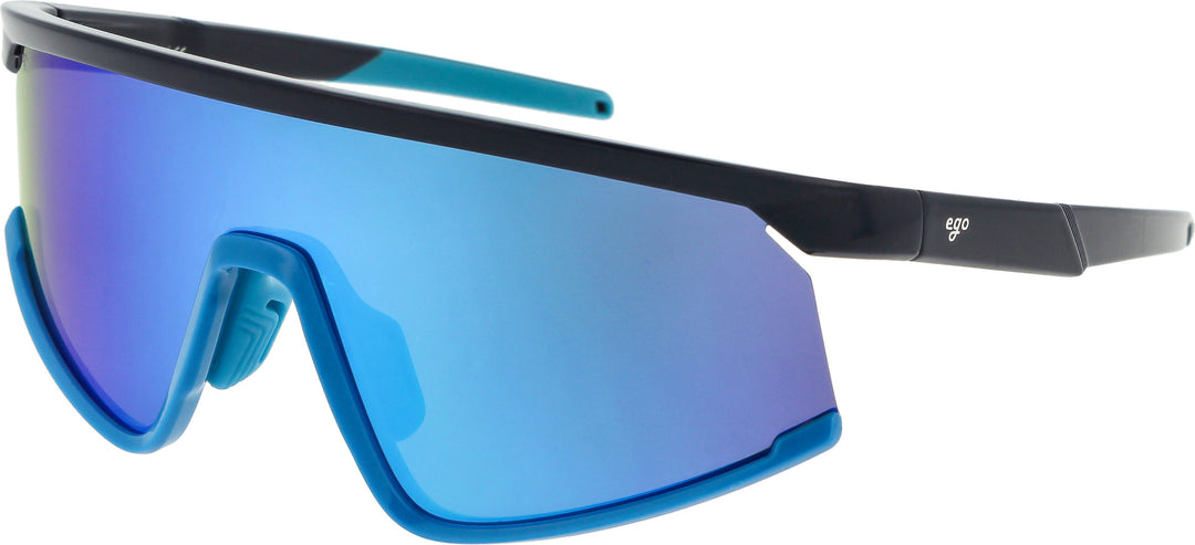 Sunglasses with blue and black frame on a white background