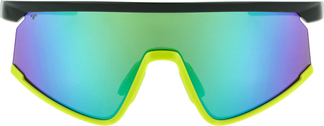 Sunglasses with colorful reflective lenses and a black frame.