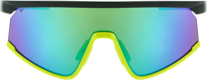 Sunglasses with colorful reflective lenses and a black frame.