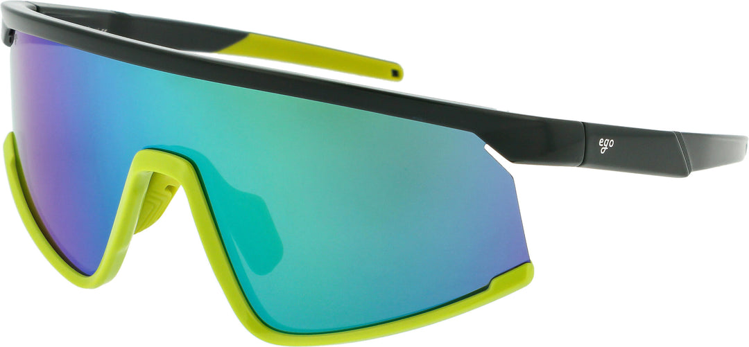 Sunglasses with green and black frame and blue-tinted lenses on a white background