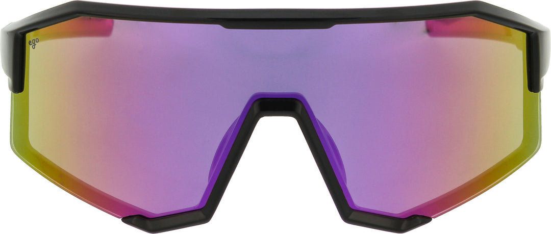 Sunglasses with a black frame and multicolored lens on a white background