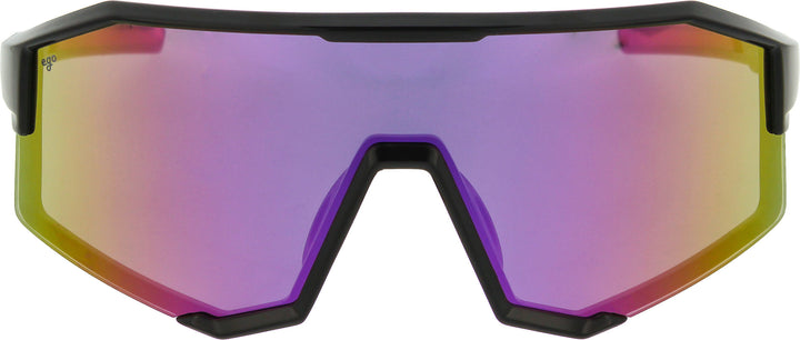 Sunglasses with a black frame and multicolored lens on a white background