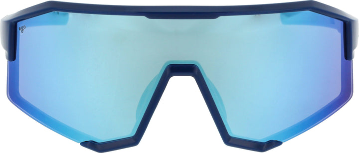 Blue-tinted sunglasses with a dark blue frame on a white background