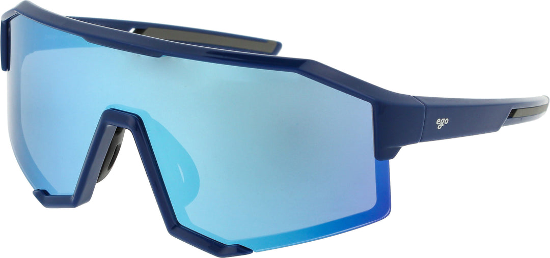 Blue sunglasses with a reflective lens on a white background