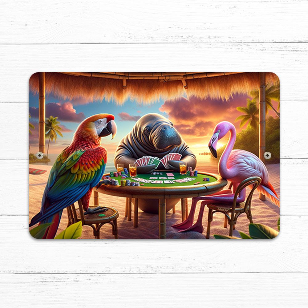A Friendly Poker Game between a parrot, manatee, and flamingo at a beach bar sign made of metal with a vivid print