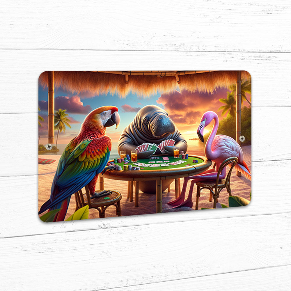 A Friendly Poker Game between a parrot, manatee, and flamingo at a beach bar sign made of metal 