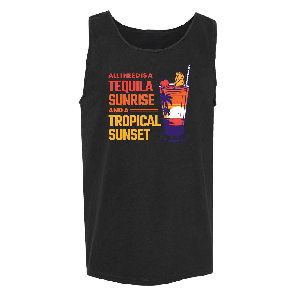 A black sleeveless tank top featuring a colorful graphic print on the front with the text 'ALL I NEED IS A TEQUILA SUNRISE AND A TROPICAL SUNSET' alongside a cocktail illustration, shown against a plain white background.