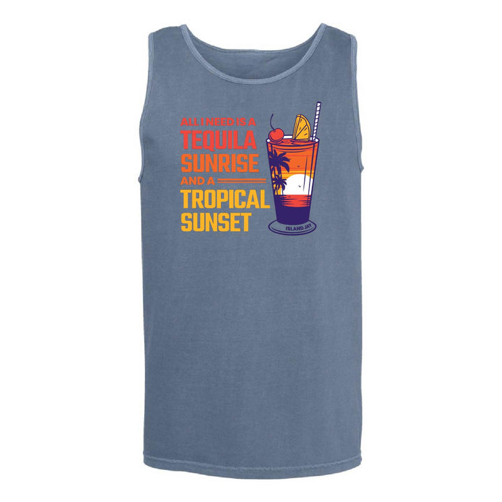 A sleeveless tank top in heathered dusty blue, featuring a retro graphic print on the front with the text 'I'M DRUNK ON TEQUILA SUNRISE AND A TROPICAL SUNSET' alongside an illustration of a cocktail.