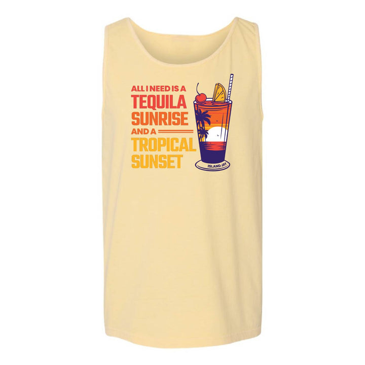 A pale yellow sleeveless tank top with a retro graphic of a tropical cocktail and the text 'ALL I NEED IS A TEQUILA SUNRISE AND A TROPICAL SUNSET' on a plain white background.