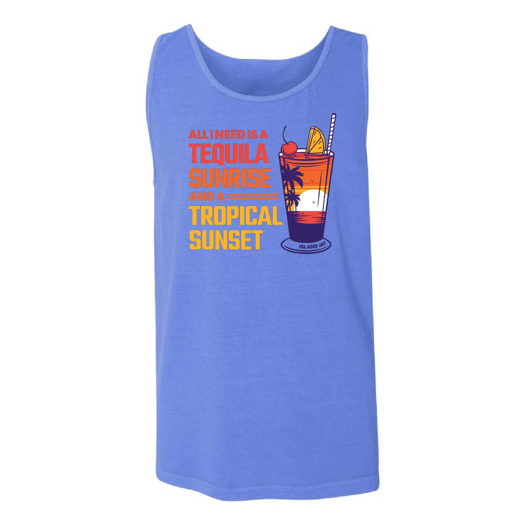 A sleeveless tank top in a medium periwinkle blue color, featuring a graphic print on the front with the text 'ALL I NEED IS A TEQUILA SUNRISE AND A PERFECT TROPICAL SUNSET' alongside an illustration of a cocktail glass.