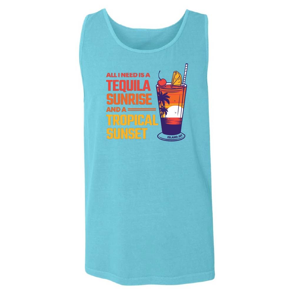 A light blue sleeveless tank top with a colorful graphic print on the front. The graphic features the text 'ALL I NEED IS A TEQUILA SUNRISE AND A TROPICAL SUNSET' in red, orange, and yellow lettering, alongside an illustration of a tropical cocktail with a straw and a cherry garnish.