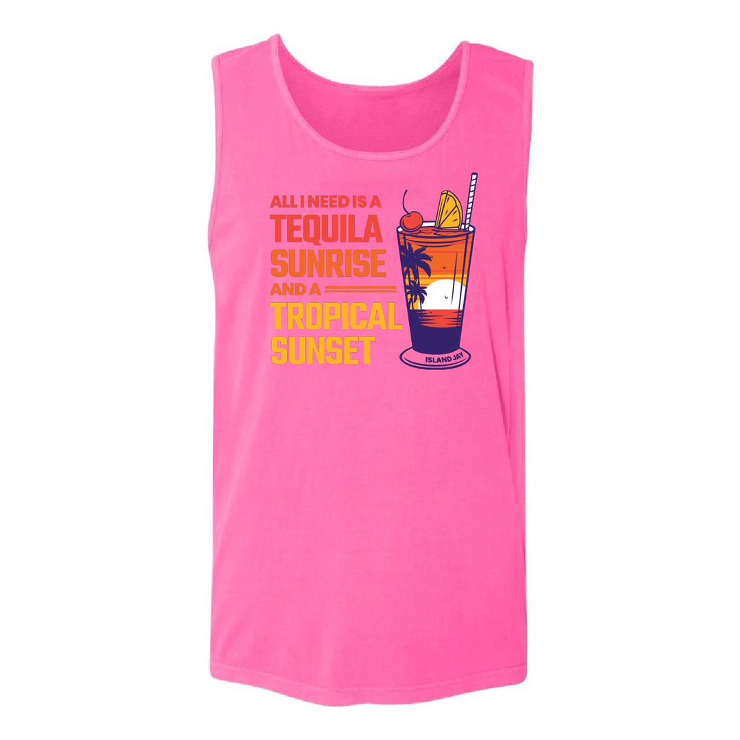 A bright pink sleeveless tank top with a tropical graphic and text reading 'ALL I NEED IS A TEQUILA SUNRISE AND A TROPICAL SUNSET' next to a cocktail illustration.