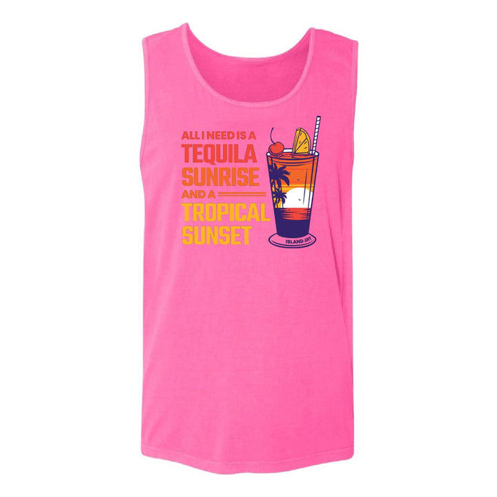 A bright pink sleeveless tank top with a tropical graphic and text reading 'ALL I NEED IS A TEQUILA SUNRISE AND A TROPICAL SUNSET' next to a cocktail illustration.