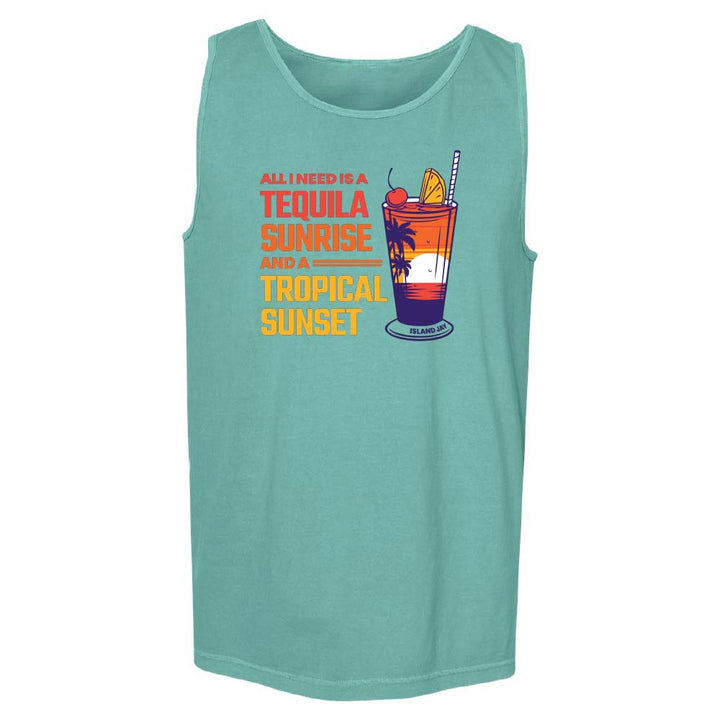 A sleeveless tank top in a heathered teal green color, featuring a colorful graphic print on the front with the text 'ALL I NEED IS A TEQUILA SUNRISE AND A TROPICAL SUNSET' next to an illustration of a cocktail glass.
