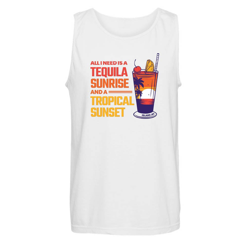 A white sleeveless tank top with a colorful retro graphic on the front. The graphic features the text 'ALL I NEED IS A TEQUILA SUNRISE AND A TROPICAL SUNSET' in red, orange, and yellow lettering, alongside an illustration of a tropical cocktail with a sunset gradient and the word 'ISLAND SOUL'.