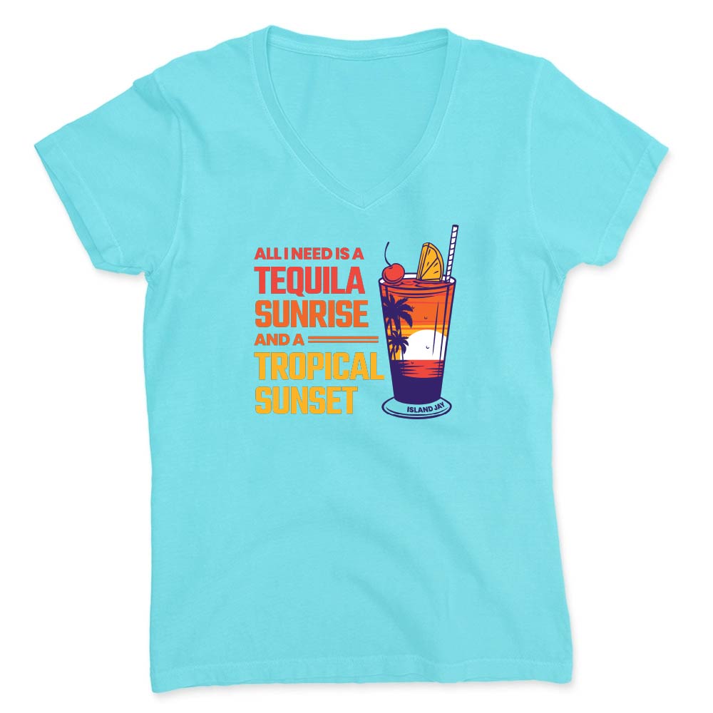 Light blue t-shirt with a tequila sunrise graphic and text on a white background
