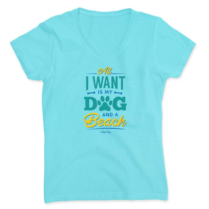 Blue vneck t-shirt with colorful text design reading "All I Want Is My Dog And A Beach".