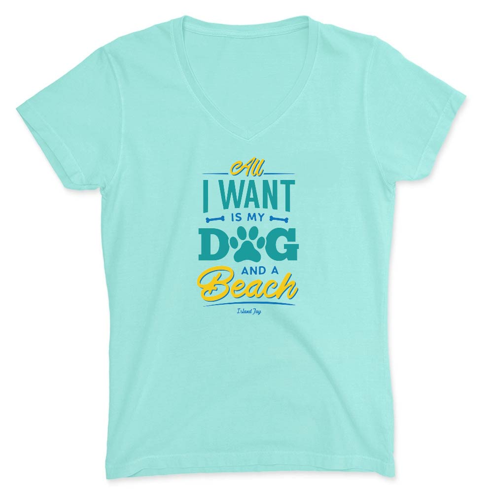Mint Green vneck t-shirt with colorful text design reading "All I Want Is My Dog And A Beach".