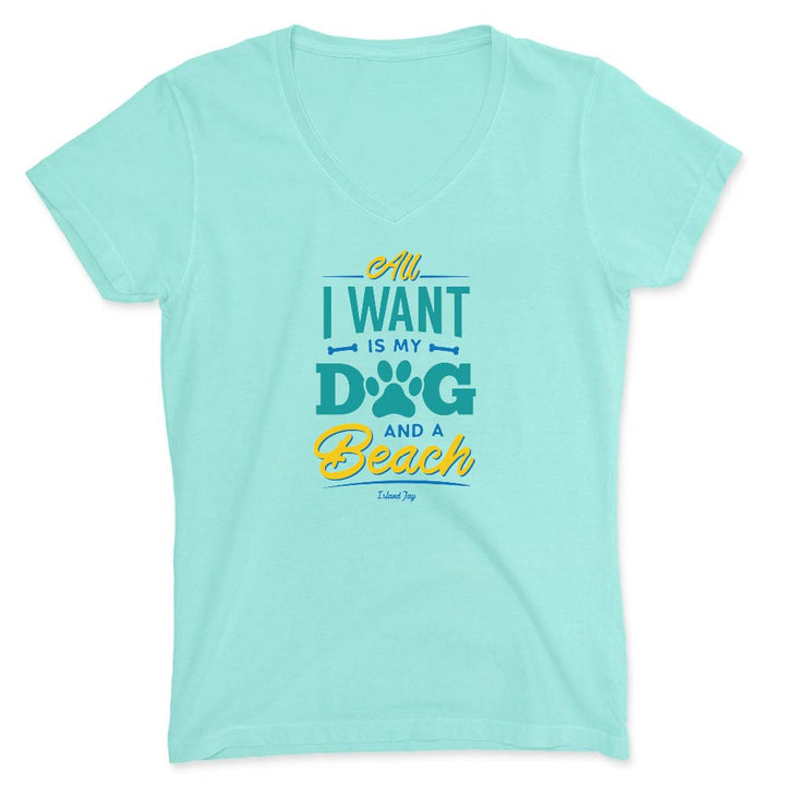 Mint Green vneck t-shirt with colorful text design reading "All I Want Is My Dog And A Beach".